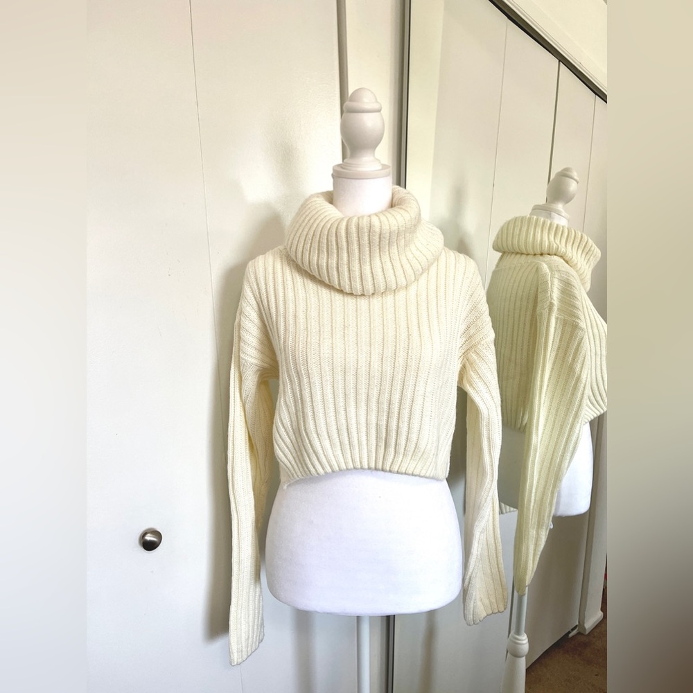 Turtleneck Cowl Neck Cropped Sweater Cream Ivory